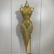 Vonda sparkly rhinestone and pearl tassel mesh see-through dress for evening parties, birthdays, or club events.