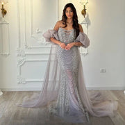 2025 Vintage Lilac Grey Evening Gown Half Puff Sleeve Dress with Cape Jacket