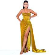 Strapless retro velour formal dress with pleated skirt