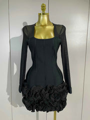 Liora 3D Red Black Rose Flowers Mesh Long Sleeve Bandage Mini Dress