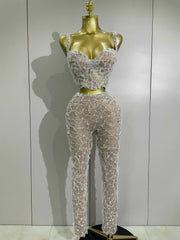 Diane Sparkly Rhinestone Lace Halter Top & Wide-Leg Pants Two-Piece Set