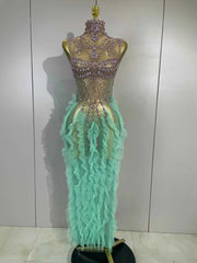 FaithTurtleneck Appliqué Mesh Ruffle Maxi Dress