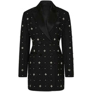 Luxury Rhinestone V-Neck Jacket For Women Crystals Long Sleeve Elegant Long Blazer
