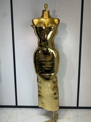 Vanessa luxury gold crystal strapless bodycon dress with shimmering sequins and elegant fit.