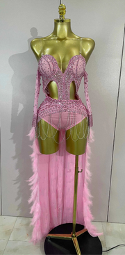 Luxury Sparkly Rhinestones Chain Feathers Bodysuits Long Tail Dress Sexy Mesh Sheer Stage Evening Party Celebrate Birthday Dress