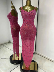 Nayeli Sparkly Rhinestone Mesh Asymmetric Long Dress