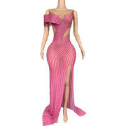 Elegant formal prom dress with sparkling rhinestones and a tasteful high split. Maya luxury evening gown.