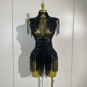 Sparkly rhinestone sequin tassel mesh stretch bodysuit for women’s party, birthday, and stage wear.