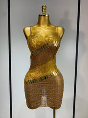 Lorraine luxury diamonds mesh mini dress – glamorous sequin bodycon outfit for birthdays, parties, and stage performances.