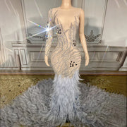 Amira sparkly rhinestone feather floor-length prom dress elegant evening gown.
