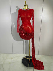 Donna Sparkly Rhinestone Red Sequin Lace Mesh See-Through Mini Dress