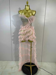 Denise Sexy Strapless Mesh Ruffled Pink Diamond Long Dress