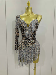 Daniela One-Shoulder Leopard Print Rhinestone Tassel Mini Dress