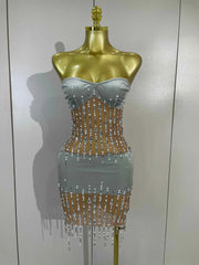 Leilani Strapless Rhinestone Pearl Chain Mesh Mini Dress
