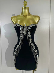 Kiera Sexy Strapless Diamond Chain Black Backless Bodycon Bandage Mini Dress