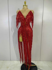 Haelena Sexy Mesh See-Through Long Dress Sparkly Red Diamond Tassel