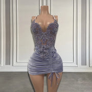 Lavender Velvet Crystal Birthday Dress Sexy Halter
