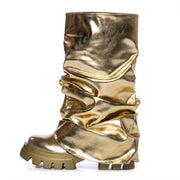 Women's Mid Calf Boots Thick Bottom Round Toe Runway Style Pleated Boots Women Platform Boots Gold Silver Large Size Shoes