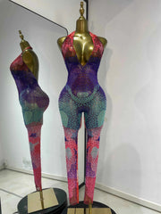 Debra Sparkly Rhinestone Colorful Print Mesh Halter Jumpsuit
