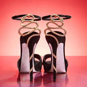 Socialite Open Toe Round Toe Sandals Women Serpentine Wrapped Black Stiletto Heels