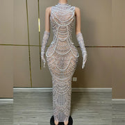 Noelle sparkly pearl rhinestone prom dress with gloves elegant mesh gown.