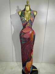 Aviana Colorful Halter Rhinestone Print Long Dress