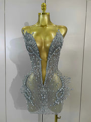 Kiara Deep V Silver Diamond Mesh Mini Dress