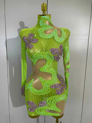 Kharla Sparkly Diamonds Sequin Long Sleeves Mesh Transparent Mini Dress