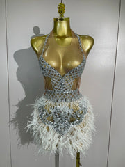 Shine in the Lasha luxury rhinestone feather mesh patchwork mini dress. Elegant party dress for birthdays, cocktails, and special occasions.