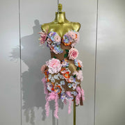 Zel Sexy Rhinestone 3D Floral Tassel Mesh Mini Dress for Women