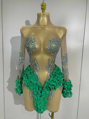 2026 New Sparkly Rhinestone Ruffled Long Sleeves See-Through Mini Dress Women Birthday Eveing Party Sexy Nightclub Stage Costume