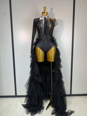 Black sheer performance bodysuit designed for singers, dancers and stage events