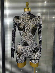 Baela Long Sleeve Sparkly Crystal Mesh Bodycon Playsuit