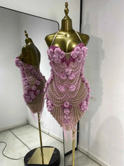 Joys Pink Rhinestone Flower Pearl Tassel Bodycon Mini Dress