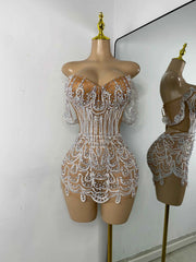 Claren Luxury Pearl & Sparkly Rhinestone Off-Shoulder Mesh Bodycon Mini Dress for Women
