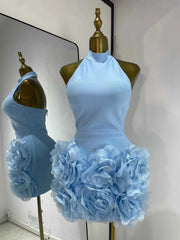 Yvette Sky Blue Halter Backless Flowers Hem Bodycon Mini Bandage Dress