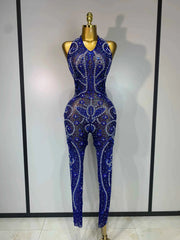 Janel Rhinestones Mesh See Through Jumpsuit