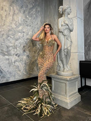Luxury Feathers Mermaid Sexy Halter Illusion Glitter Crystal Prom Dress