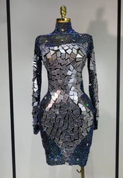 Tamara long sleeve sparkly rhinestone mesh bodycon mini dress with mirror details for evening parties, birthdays, or club events.