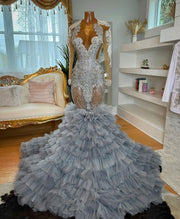 Luxury Silver Prom Dresses Sheer Neck Sparkly Rhinestone