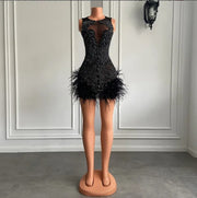 Mannequin Wearing a Luxury Crystal Halter Mini Dress with Feather Trim, Designed for Glamorous Birthday Celebrations