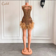 Mannequin Wearing a Luxury Crystal Halter Mini Dress with Feather Trim, Designed for Glamorous Birthday Celebrations