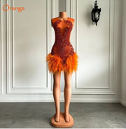 Mannequin Wearing a Luxury Crystal Halter Mini Dress with Feather Trim, Designed for Glamorous Birthday Celebrations