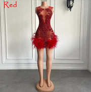 Mannequin Wearing a Luxury Crystal Halter Mini Dress with Feather Trim, Designed for Glamorous Birthday Celebrations