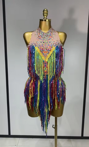 Tabia backless luxury bodysuit encrusted with sparkly rhinestones and long tassels for a glamorous birthday or stage outfit.