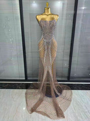 Meisha silver rhinestone strapless mesh mermaid gown for women. Elegant floor-length dress for parties, birthdays, and events.