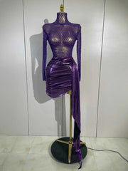 Karlissa Luxury Diamond Mesh See Through Purple Long Sleeves Mini Dress