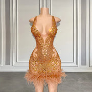 Sexy V Neck See Thru Feather Crystal Beaded Birthday Dress