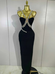 Diora Elegant Sparkly Diamond Halter Sleeveless Bodycon Bandage Dress