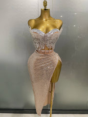 Mannequin Wearing a Sparkly Rhinestone Sequins Two Pieces Birthday Dress with Crystal Embellishments and a Bodycon Fit, Styled for Luxe Celebrations